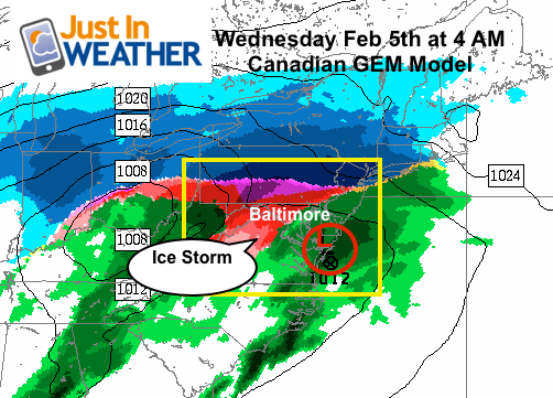 Canadian Model shows an ice storm south with snow in the Poconos Wednesday morning
