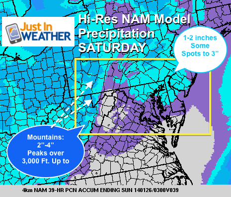 Snowfall outlook for Saturday Jan 25 from the Hi-Resolution NAM Model